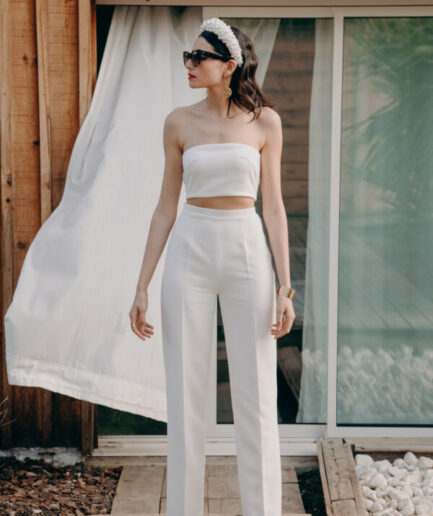 Tailleur femme chic mariage- ELISE MARTIMORT- Haut pour mariage blanc VARGAS + Pantalon mariage femme droit BLUE MOON