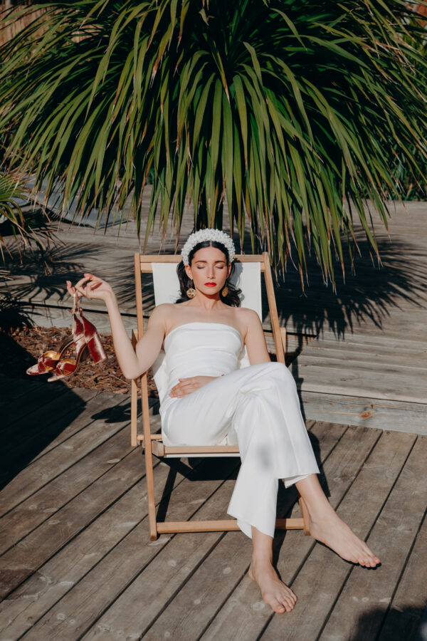 Robe mariage civil - ELISE MARTIMORT- Haut pour mariage blanc VARGAS + Pantalon mariage femme droit BLUE MOON 01